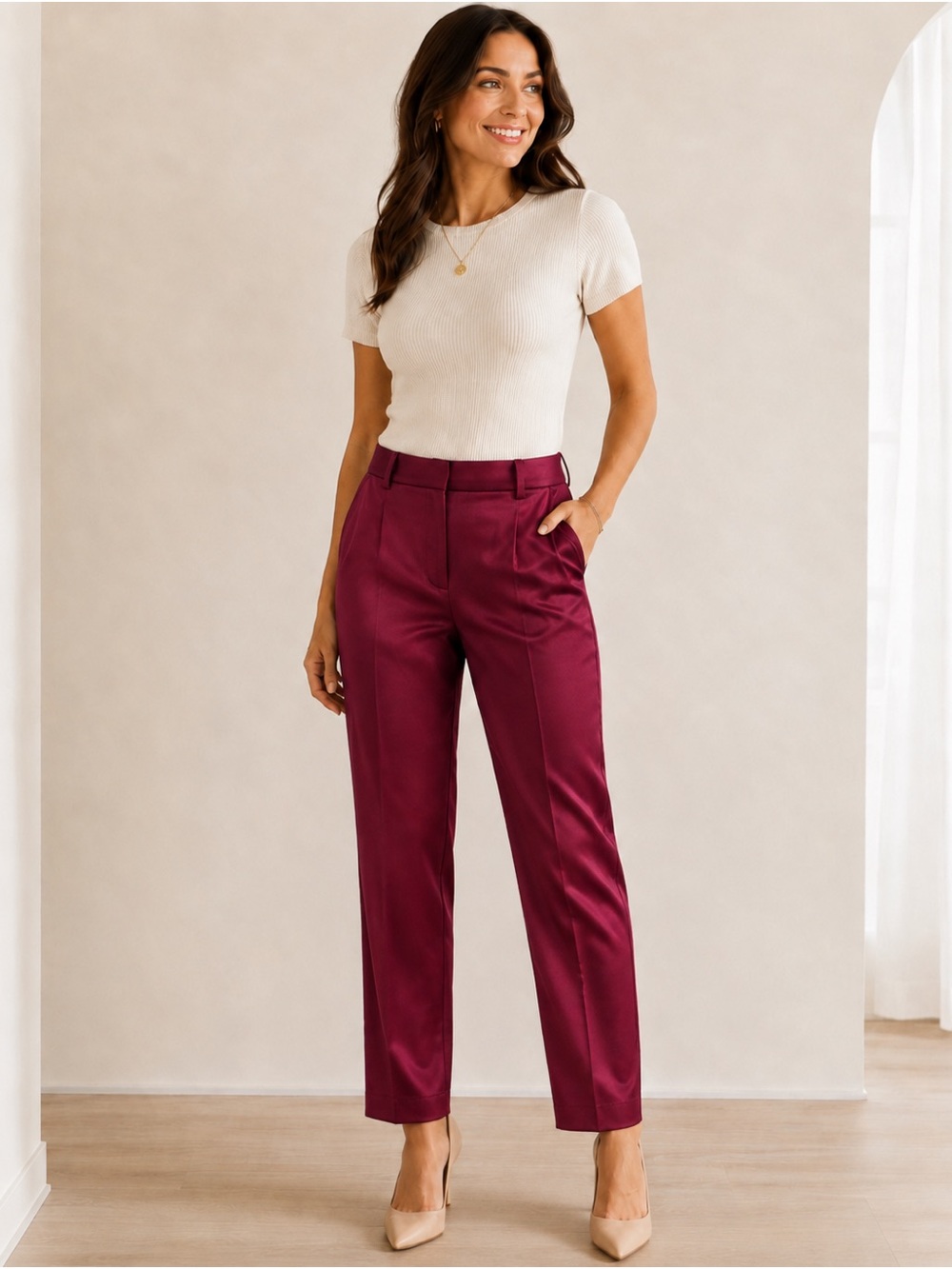 LOFT Burgundy Satin Silky Ankle Pants Elastic Back Waist 25” Inseam Size L